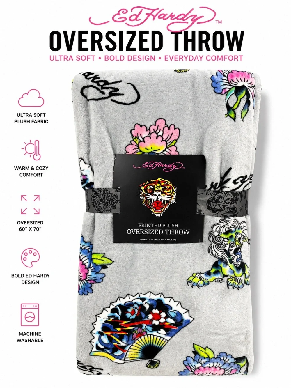 Ed Hardy Gray Plush Throw with Multicolor Floral & Tiger Print